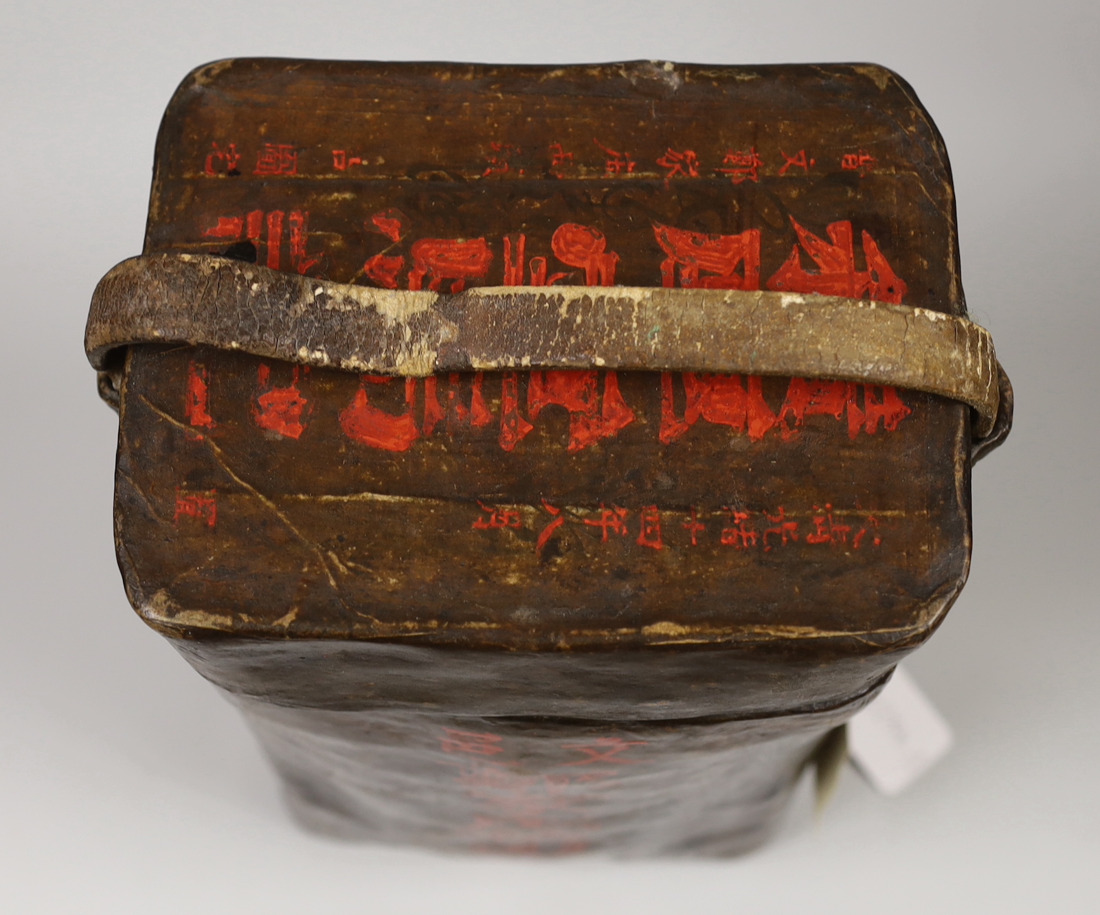 A Chinese inscribed leather postbox, Guangxu mark and cyclical date for the fourteenth year of his reign, c.1900, 38cm high